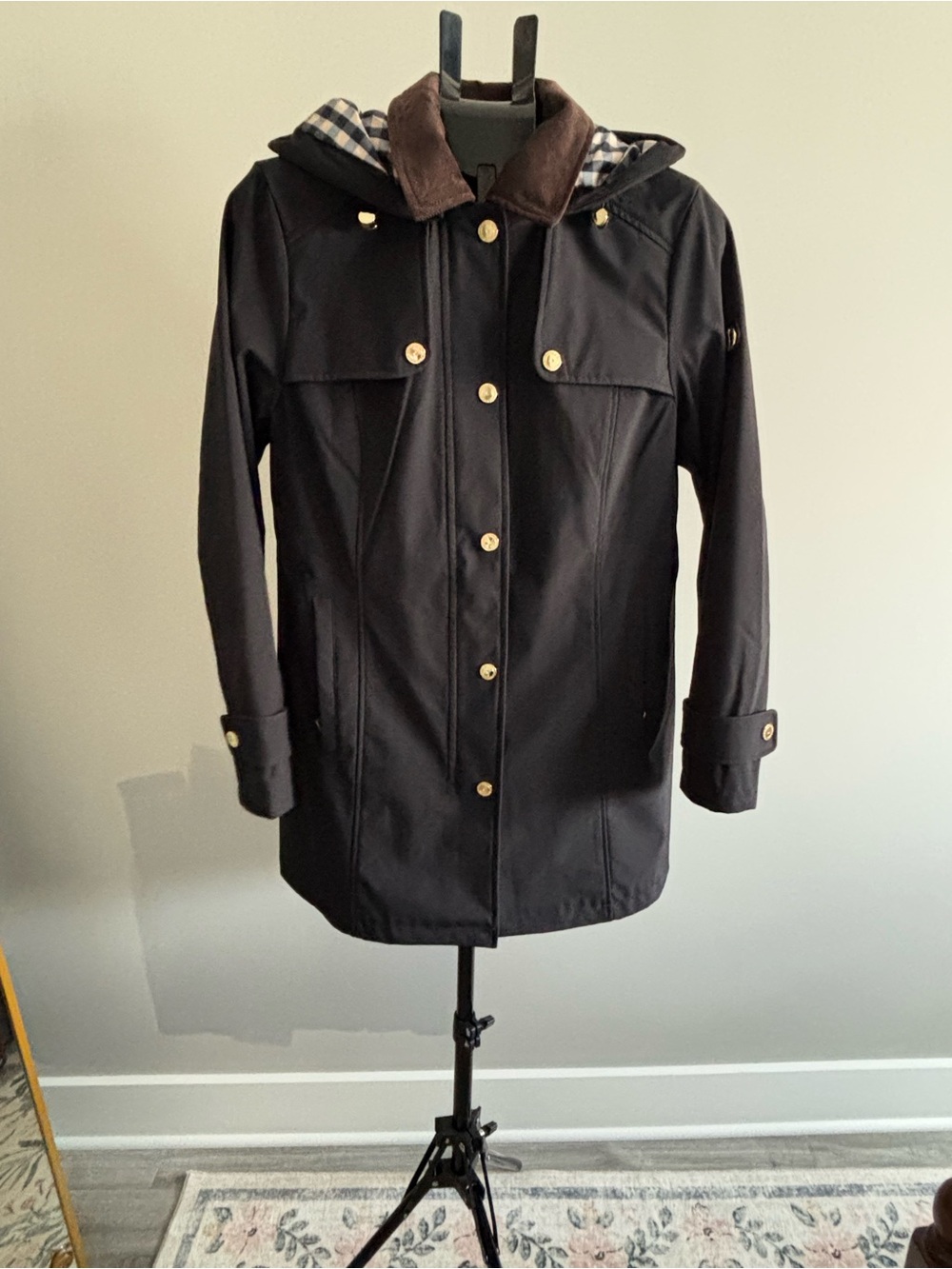 Jones New York Black Trench Coat with Brown Corduroy Collar